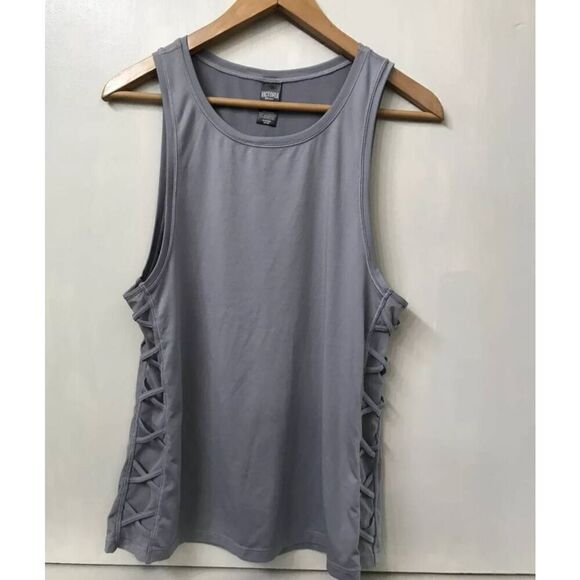 💕Victoria Secret Sport LARGE Tank Top Gray Criss Cross Mesh Sides Round Neck - Picture 1 of 5